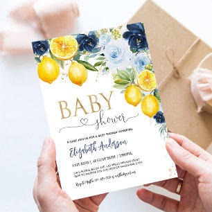 Blue and Navy Lemon Citrus Floral Baby Shower Invitation