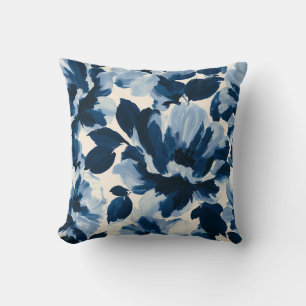 Blue and Navy painterly flower pattern Cushion