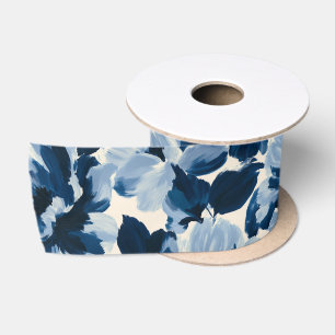 Blue and Navy painterly flower pattern Satin Ribbon