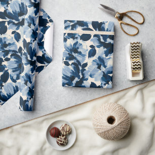 Blue and Navy painterly flower pattern Wrapping Paper
