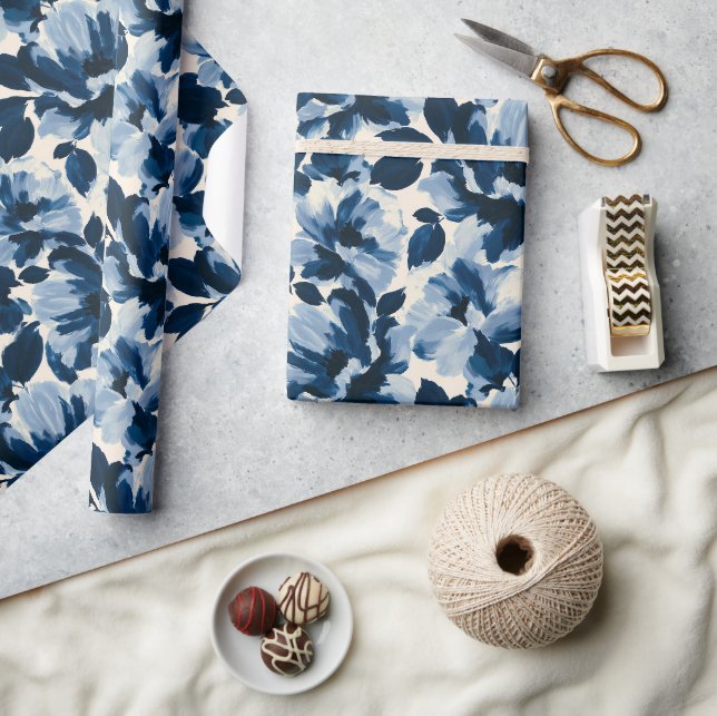 Blue and Navy painterly flower pattern Wrapping Paper (Crafts)