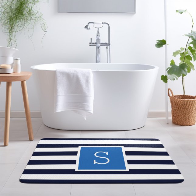 Blue and Navy Stripes Monogram Bath Mat (Creator Uploaded)
