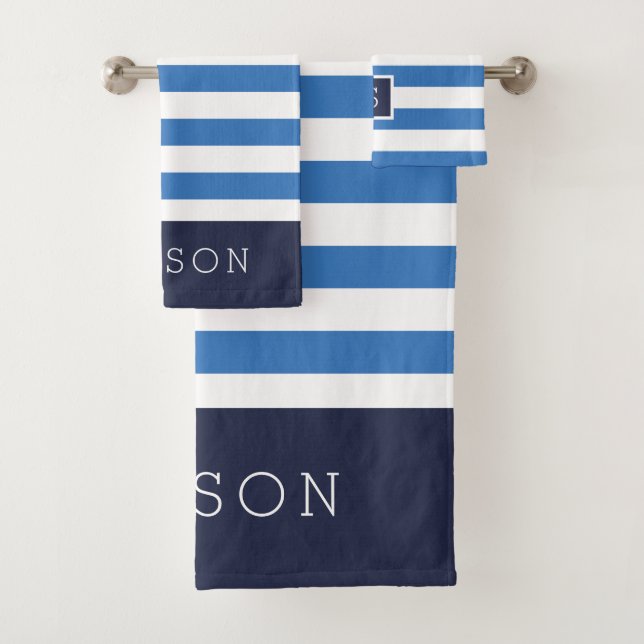 Blue and Navy Stripes Monogram Bath Towel Set (Insitu)