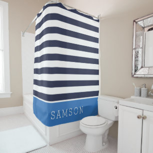 Blue and Navy Stripes Monogram Shower Curtain