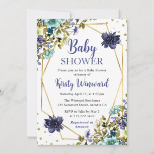 Blue and Navy Summer Flowers Frame Baby Shower Invitation