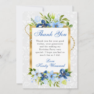 Blue and Navy Summer Flowers Gold Birthday Thank You Card
