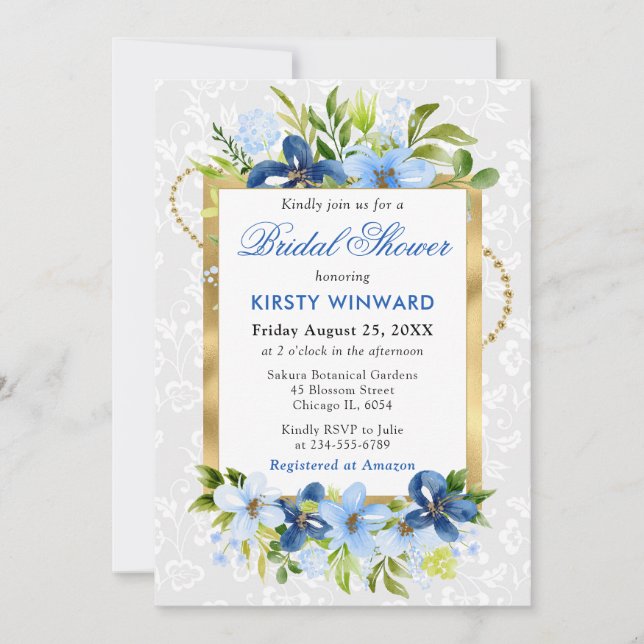 Blue and Navy Summer Flowers Gold Bridal Shower Invitation (Front)