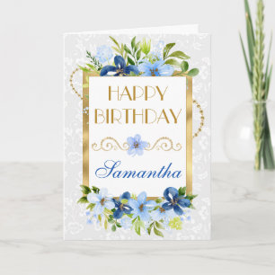 Blue and Navy Summer Flowers Gold Foil Birthday Card
