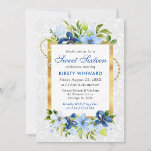 Blue and Navy Summer Flowers Gold Foil Sweet 16 Invitation