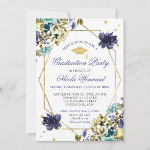 Blue and Navy Summer Flowers Graduation Invitation