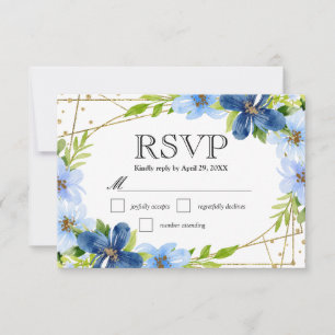 Blue and Navy Summer Flowers Wedding RSVP Card