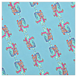 Blue and Neon Anatomical Heart Patterned Fabric