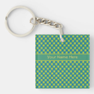 Blue and Neon Green Polka Dots on Emerald Key Ring