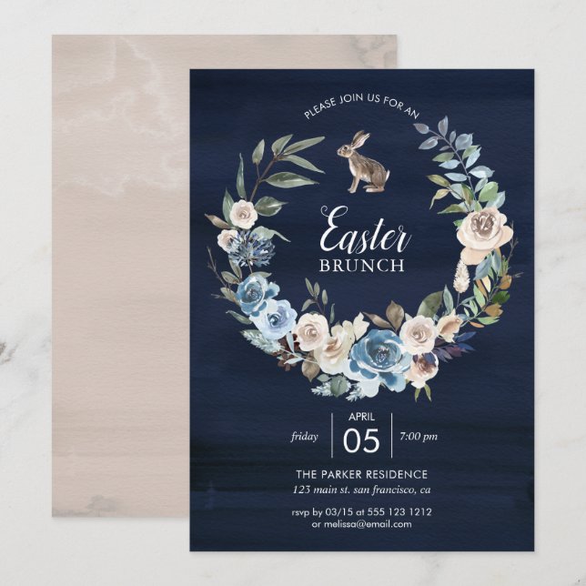 Blue and Neutral Floral Wreath | Bunny Easter Invitation (Front/Back)