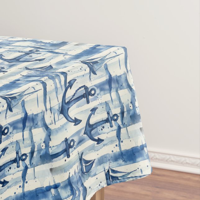 Blue and Off White Nautical Anchor Tablecloth (In Situ)