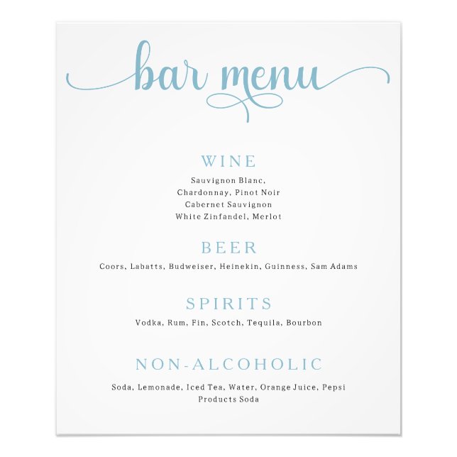 Blue and Off White Wedding Bar Menu Poster (Front)
