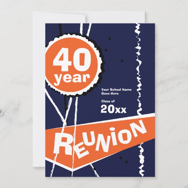 Blue and Orange 40 Year Class Reunion Invitation (Front)
