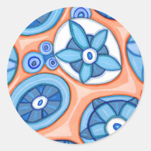 Blue and Orange Abstract Flowers Original painting Classic Round Sticker