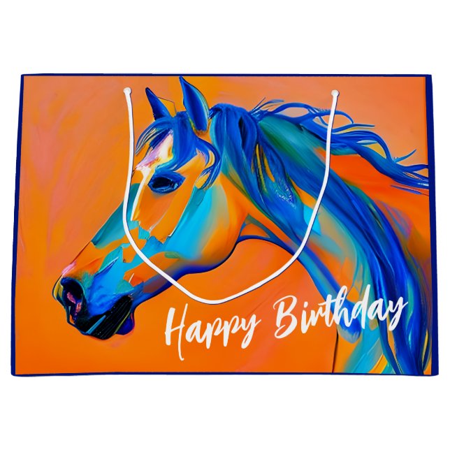 Blue and Orange Abstract Horse Happy Birthday Large Gift Bag (Front)