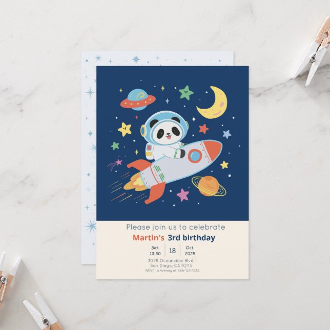 blue-and-orange Astronaut Panda Invitation (Front/Back In Situ)