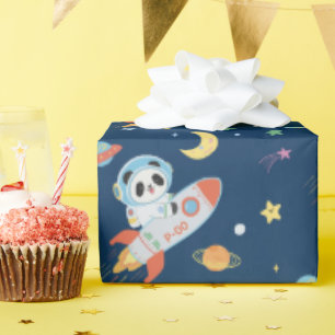 blue-and-orange Astronaut Panda Wrapping Paper