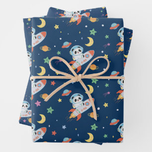 blue-and-orange Astronaut Panda Wrapping Paper Sheet