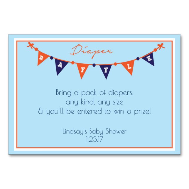 Blue and Orange Baby Shower Diaper Raffle Card (Front)