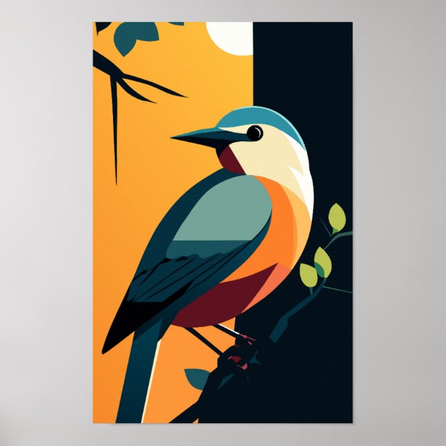 Blue and Orange Bird on a Branch Poster (Front)
