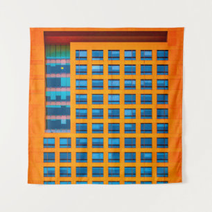 Blue and orange building tapestry