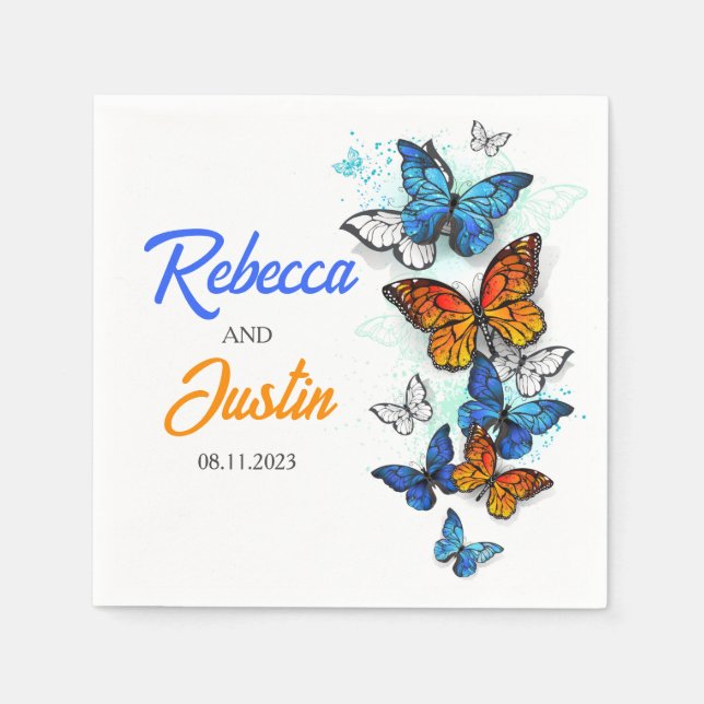 Blue and Orange butterflies Modern Boho Napkins (Front)