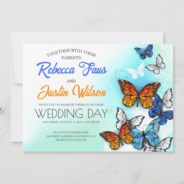 Blue and Orange Butterflies Morpho Monarch Invitation (Front)