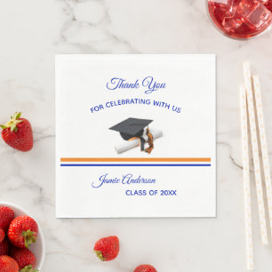 Blue and Orange Cap & Tassel   Graduation Party Napkin