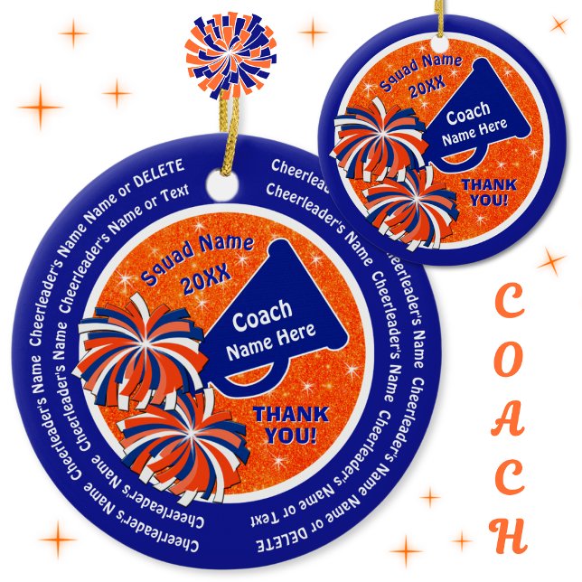 Blue and Orange, Cheerleading Coach Ornaments (Gift ideas for cheer coaches. Cheer coach Christmas gifts. Cheer coach ornament. Orange, Blue, White)