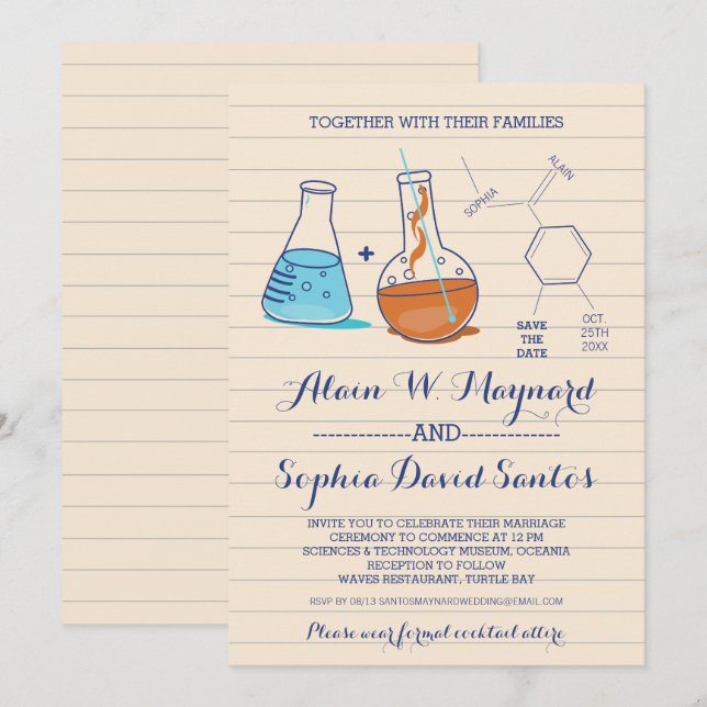 Blue and Orange Chemistry Wedding Invitations (Front/Back)