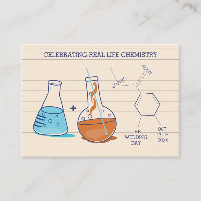 Blue and Orange Chemistry Wedding Place Cards (Front)