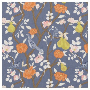 Blue and Orange Chinoiserie Birds Fabric