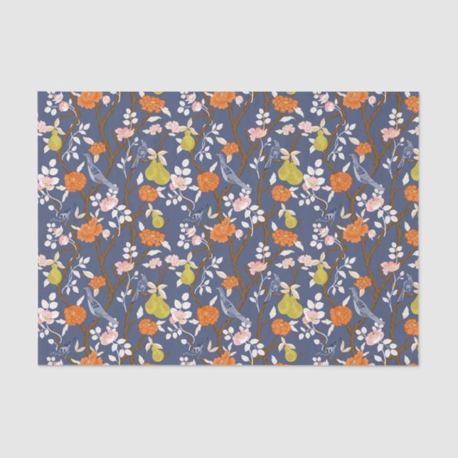 Blue and Orange Chinoiserie Birds Tissue Paper (Front)