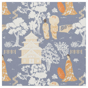 Blue and Orange Chinoiserie Pagodas Fabric