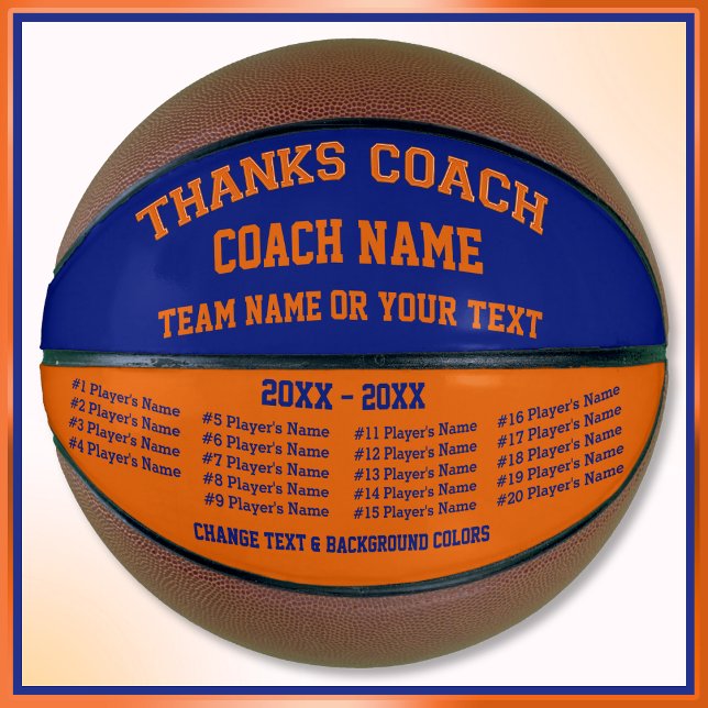Blue and Orange Custom Basketball, ALL Players Basketball (Thank you basketball coach gifts. Blue and Orange Basketball. Personalized Basketball Coach Gifts. )