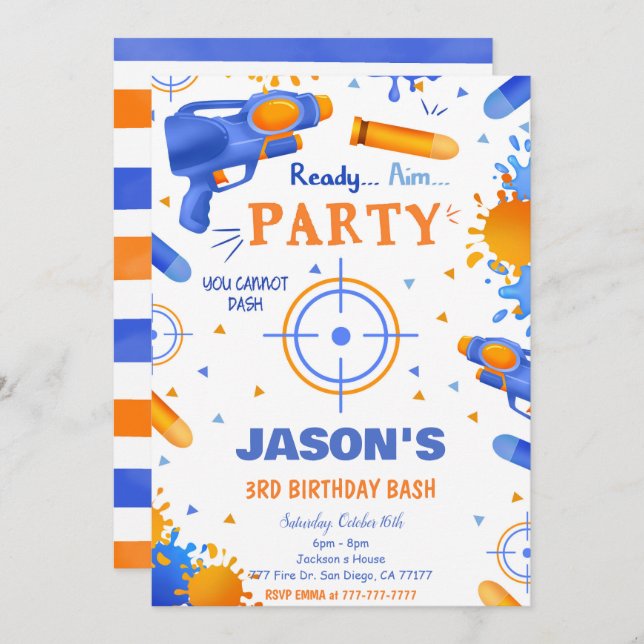 Blue and Orange Dart Gun Birthday Invitation (Front/Back)