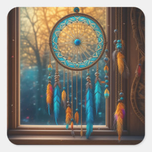 Blue and Orange Dreamcatcher in Window Square Sticker