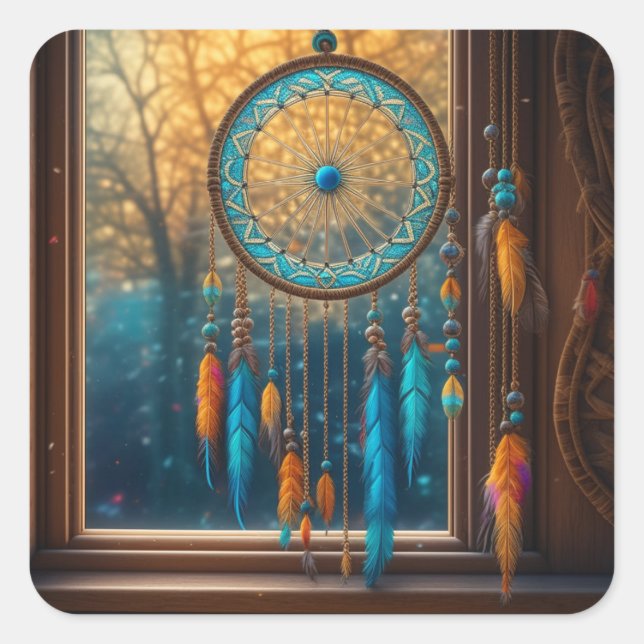 Blue and Orange Dreamcatcher in Window Square Sticker (Front)
