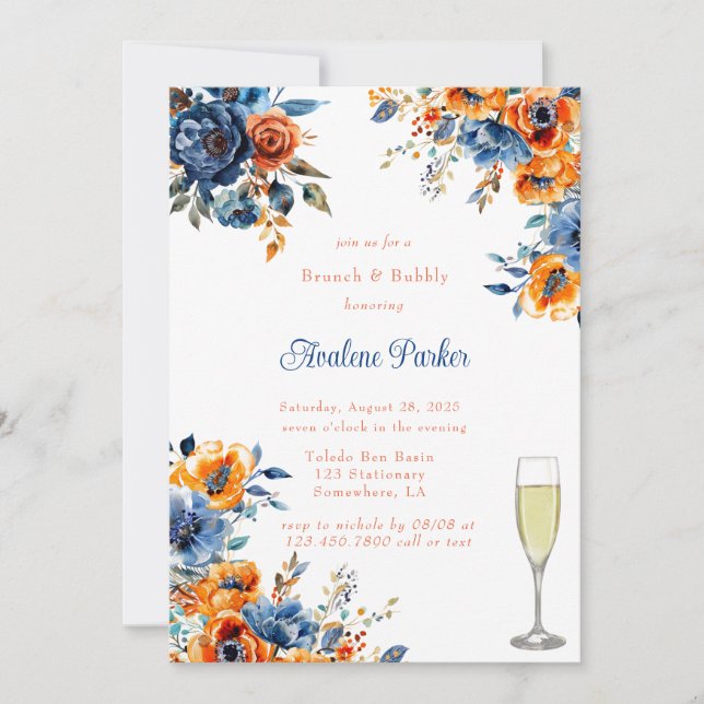 Blue and Orange Floral Brunch & Bubbly Invitation (Front)