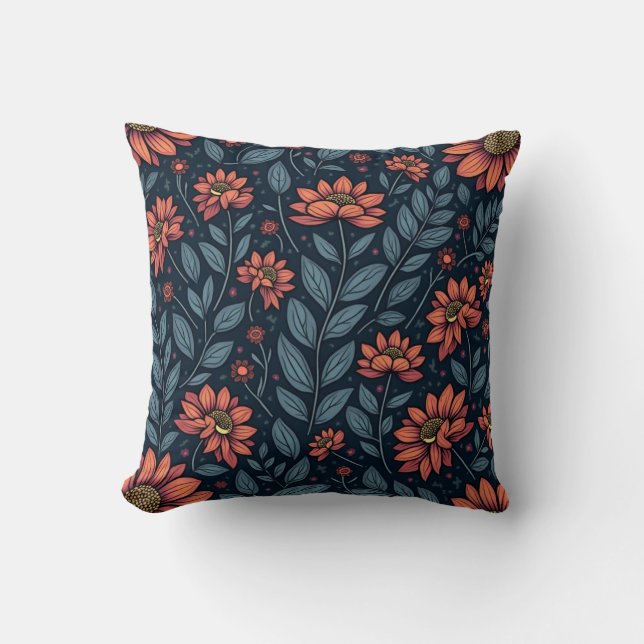 “Blue and Orange Floral Pattern Pillow” Cushion (Front)