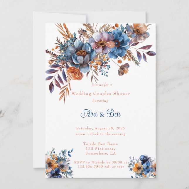 Blue and Orange Floral Wedding Couples Shower Invitation (Front)