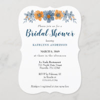 Blue and Orange Flower Bridal Shower Invitations