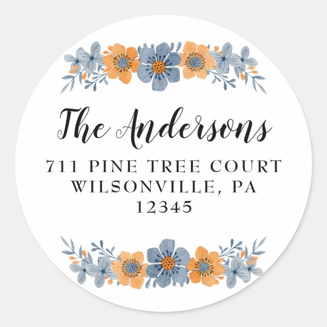Blue and Orange Flower Round Return Address Labels (Front)