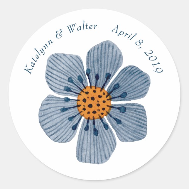 Blue and Orange Flower Round Wedding Stickers (Front)