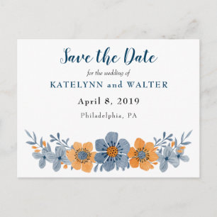 Blue and Orange Flower Save the Date Postcards
