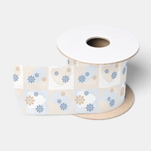 Blue and Orange Flowers on Pastel Checkers Satin Ribbon